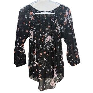 Lauren Conrad Womens Top Sz XS Black Floral Sheer Hi Low Boat Neck Tunic Blouse